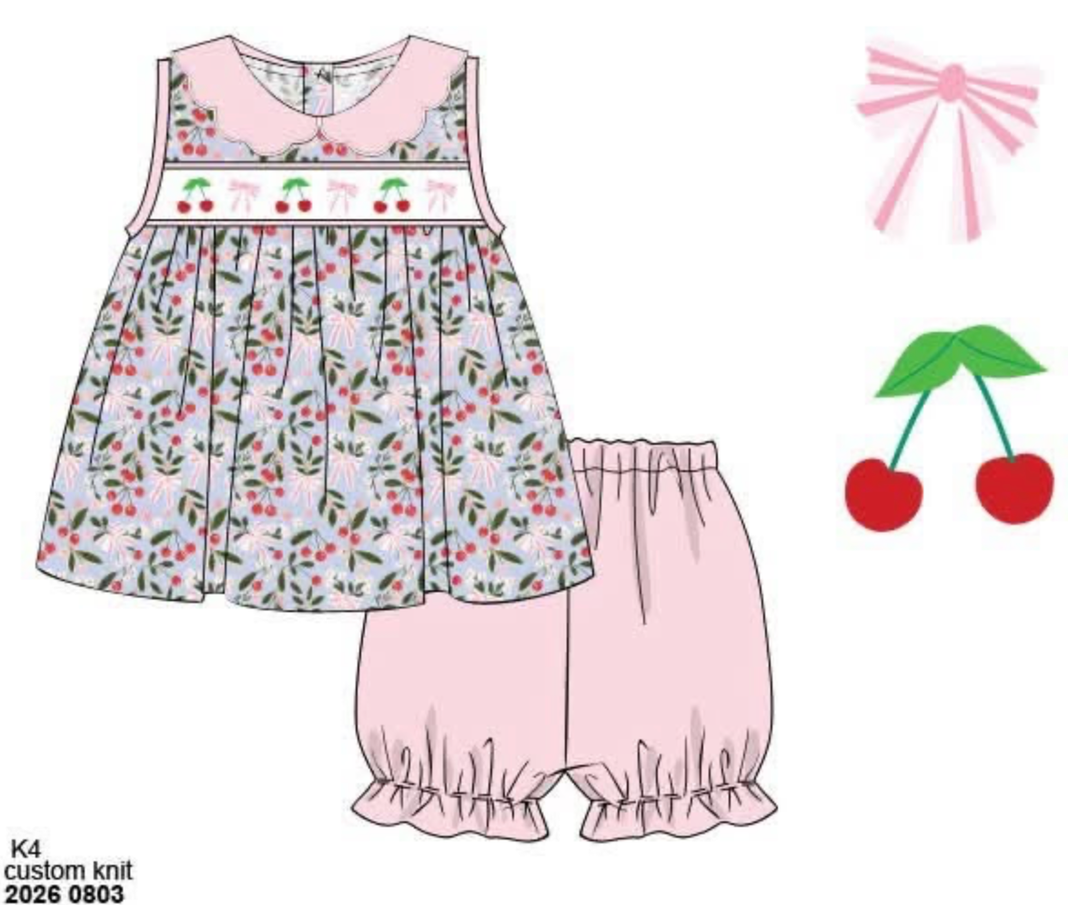 Pre Order 149: Girls Only- Cherry & Bows Knit Bubble Short Set