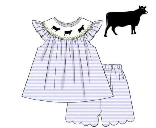 Pre Order 149: Girls Only- Smocked Cows Knit Short Set