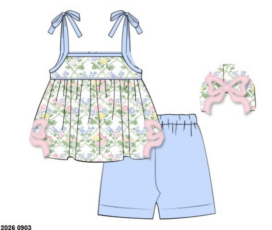 Pre Order 149: Mary-Keene Floral & Stripes- Girls Knit Biker Short Set