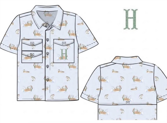 Pre Order 149: Maddie's Mallards- Boys Woven Fishing Shirt