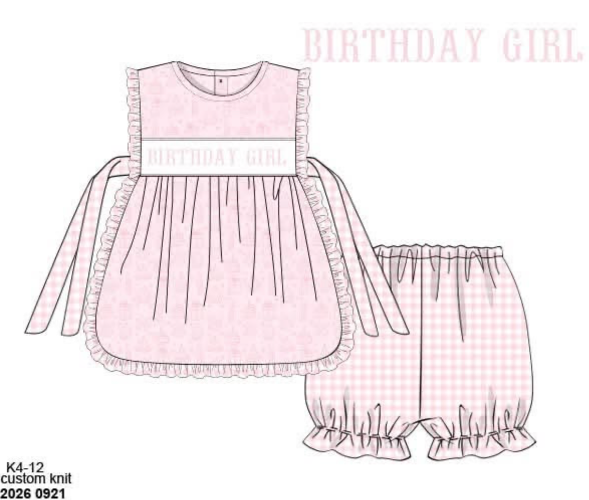 Pre Order 150: Birthday Bash- Girls Name Smock Knit Bubble Short Set