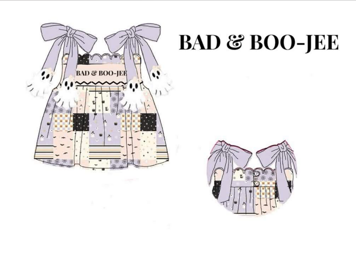 RTS: Spooky Patchwork- Girls Knit Name Smock Shirt "BAD & BOO-JEE"