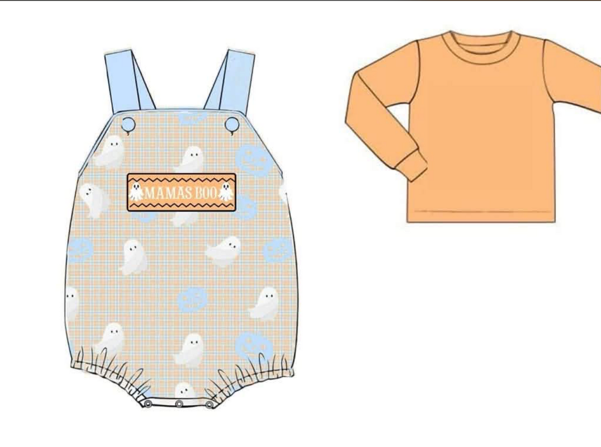 RTS: Halloween Name Smocks- Pink & Blue Ghost Boys 2pc Bubble "MAMA'S BOO"