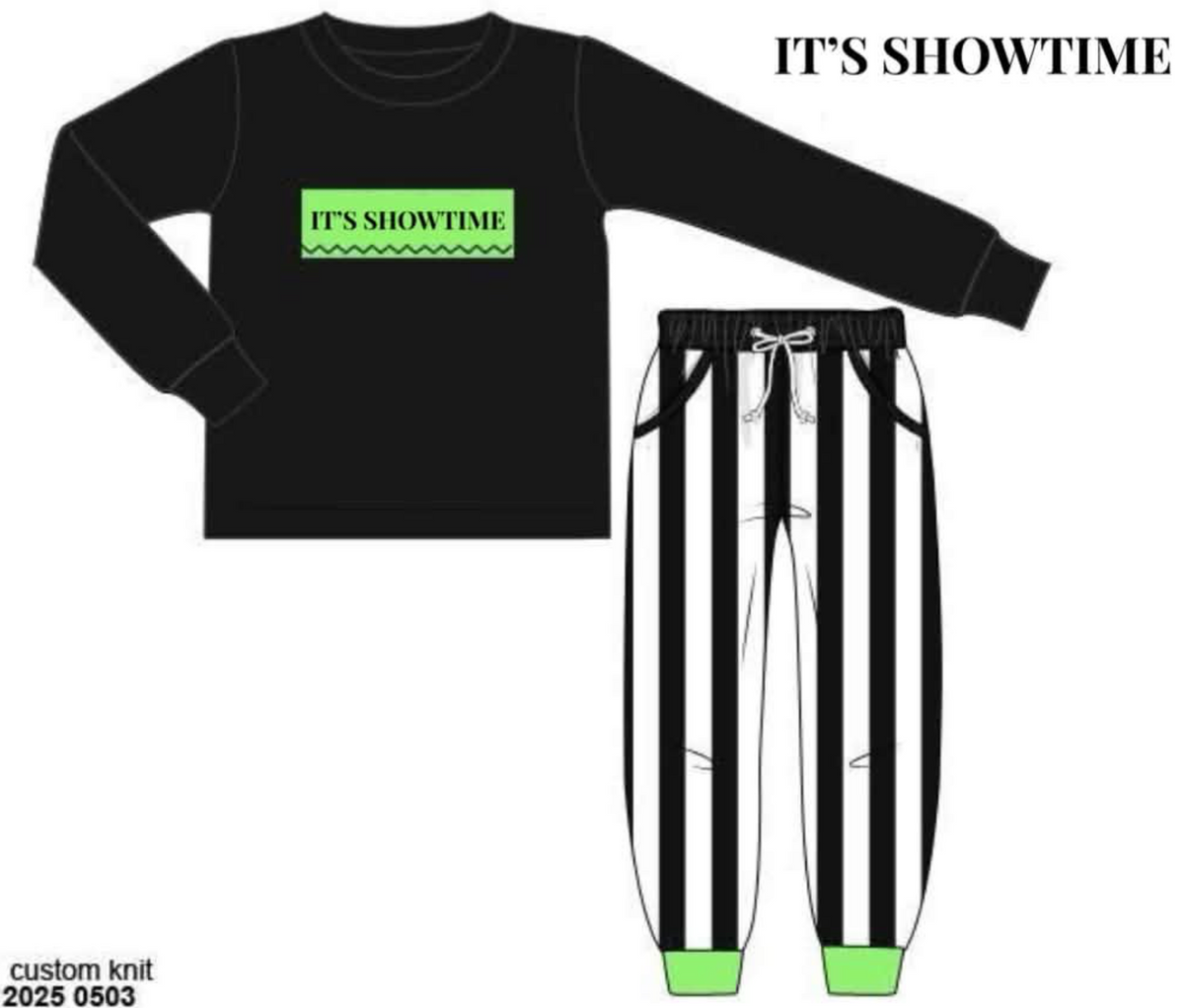 RTS: Halloween Name Smocks- Showtime Boys Knit Jogger Set "IT'S SHOWTIME"