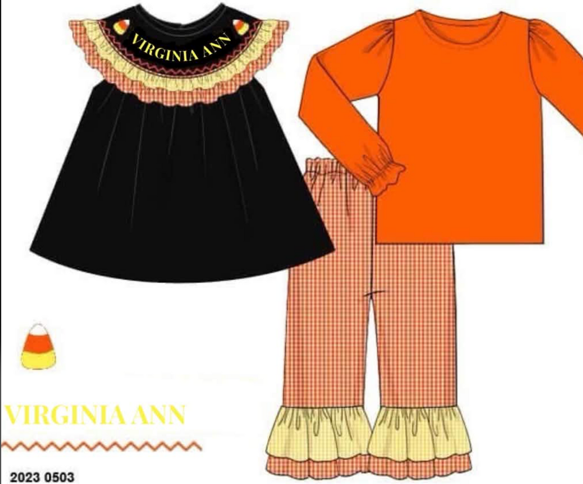 RTS: Halloween Name Smocks- Candy Corn Girls Woven Pant Set "VIRGINIA ANN"