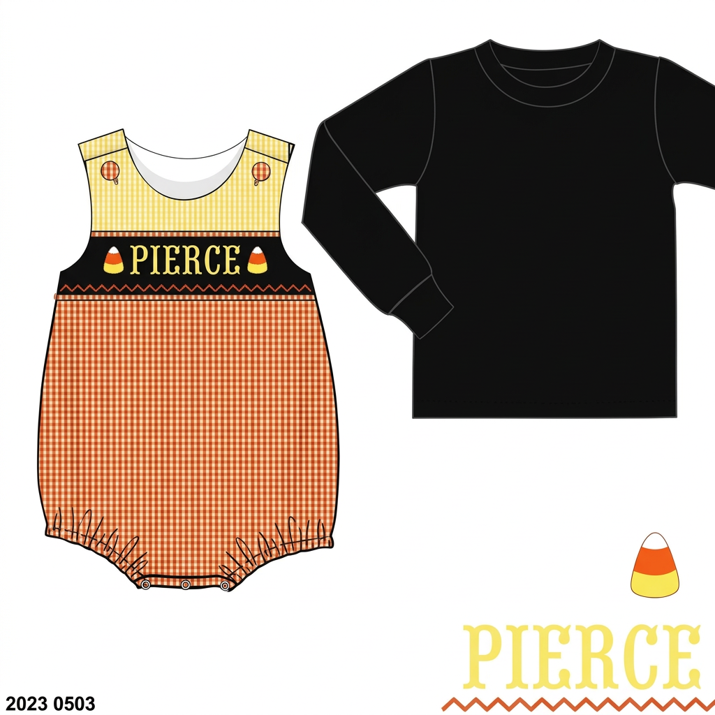 RTS: Halloween Name Smocks- Candy Corn Boys 2pc Woven Bubble "PIERCE"
