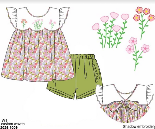 Pre Order 152: Cullen Green & Floral- Girls Woven Shortie Set