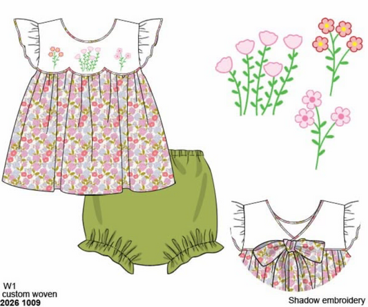 Pre Order 152: Cullen Green & Floral- Girls Woven Bloomer Set