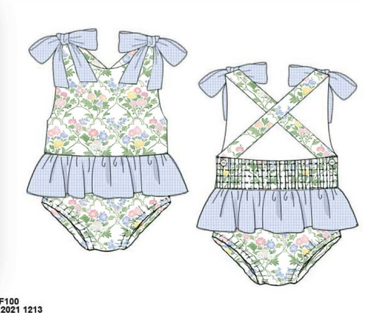 RTS: Mary-Keene Floral & Stripe- Girls 1pc Rash Guard Swim