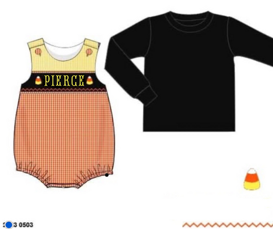 RTS: Halloween Name Smocks- Candy Corn Boys 2pc Woven Bubble "PIERCE"