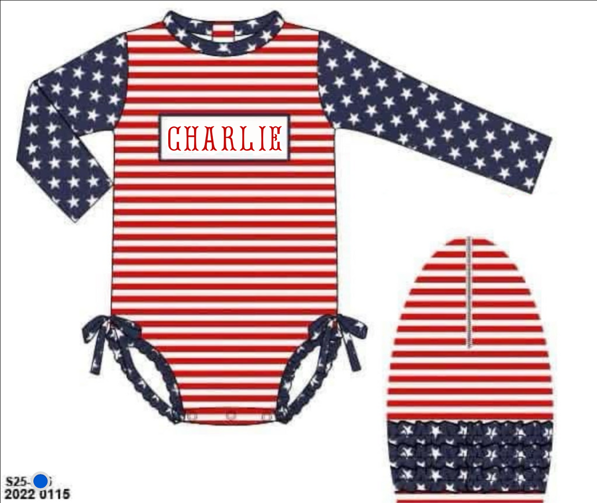 RTS: Star Spangled Name Smocks- Girls 1pc Long Sleeve Rashguard “CHARLIE”