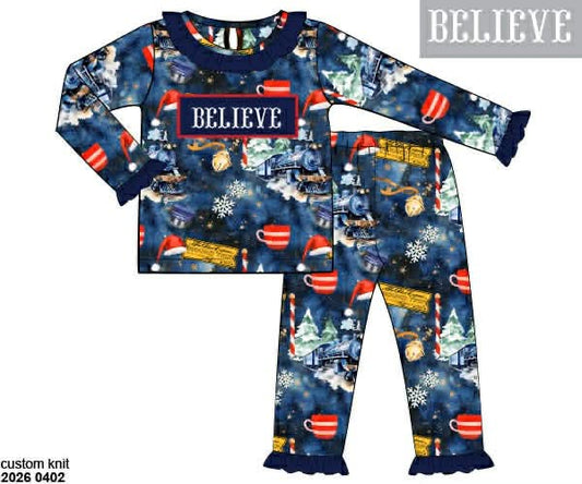 RTS: Believe- Girls Smocked 2pc Knit Lounge