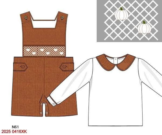 FALL RTS: Geo Smocked Pumpkins- Boys 2pc Linen Shortall