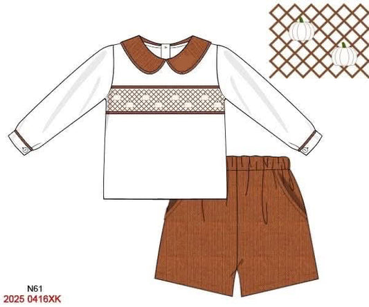 FALL RTS: Geo Smocked Pumpkins- Boys Linen Angled Short Set