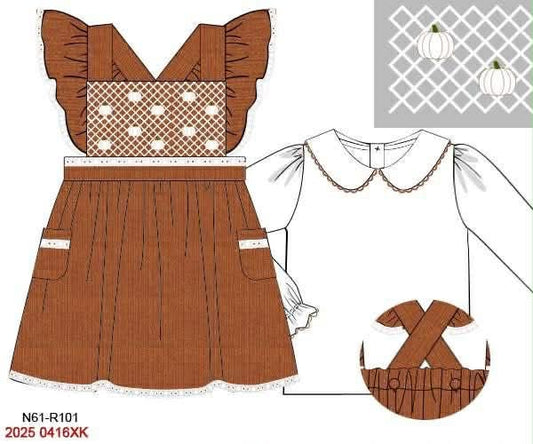 FALL RTS: Geo Smocked Pumpkins- Girls Linen 2pc Dress