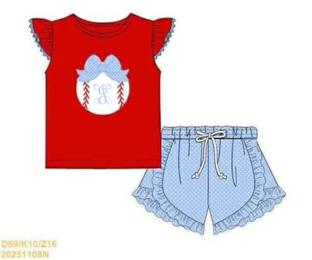 RTS: Applique Baseball-Girls Short Set "J"