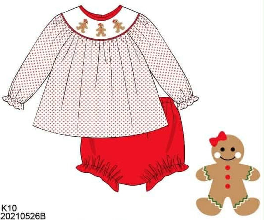 CHRISTMAS RTS: Smocked Gingerbread- Girls Knit Bloomer Set