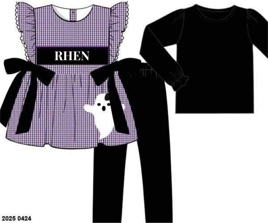 RTS: Halloween Name Smocks- Applique Ghost Girls 3pc Knit Legging Set "RHEN"