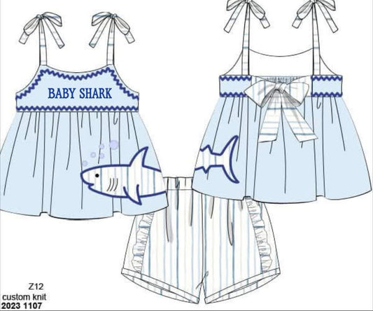 Pre Order 152: Baby Shark- Girls Knit Appliqué Shortie Set