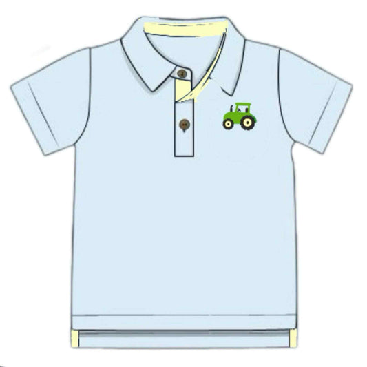 Pre Order 133: Azure Floral- Boys Tractor Polo