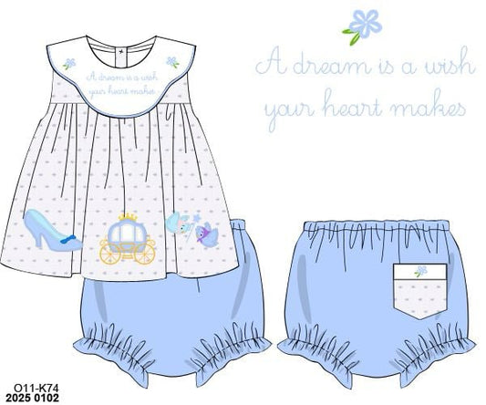 Pre Order 135: Glass Slipper- Girls Embroidered Bloomer Set