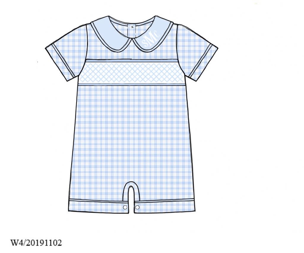 Pre Order 148: Pink Sellers Heirloom- Boys Geometric Smocked Romper with Collar
