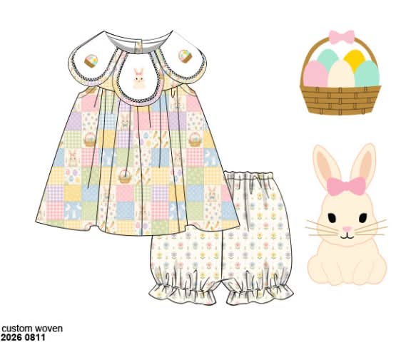 Pre Order 148: Bunny Patchwork- Girls Knit Bubble Short Set