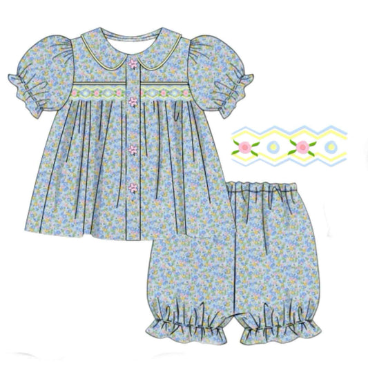 Pre Order 133: Azure Floral- Girls Woven Bubble Short Set