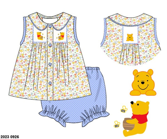 Pre Order 135: Honey Bear- Girls Smocked Bloomer Set