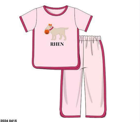 RTS: Spooky Lounge- Girls Puppy & Pumpkin 2pc Knit Set "RHEN"