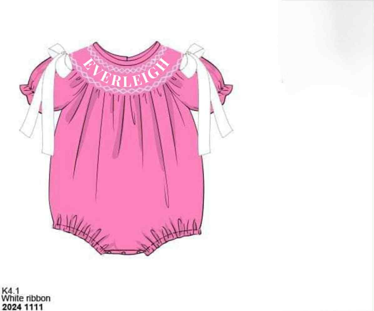 RTS: Simple Name Smocks- Girls Pink Knit Bishop Bubble "EVERLEIGH"