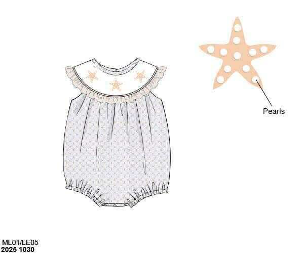 Pre Order 136: Sandy Starfish- Girls Smocked Woven Bubble