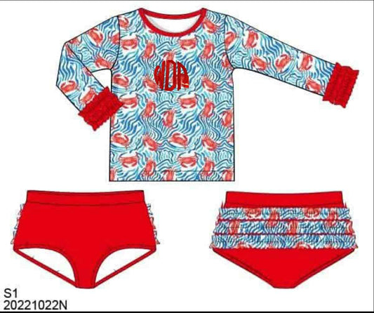 RTS: Crab Swim- Girls 2pc Long Sleeve Rash Guars Swim "WDA"