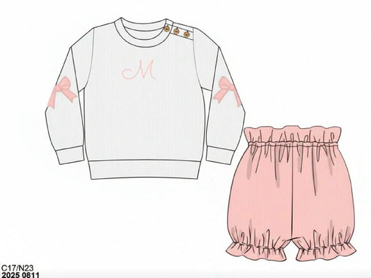 RTS: Elbow Patches- Girls Pink Bow Bubble Short Set "M"