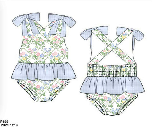 Pre Order 138: Mary-Keene Floral & Stripe- Girls 1pc Rash Guard Swim