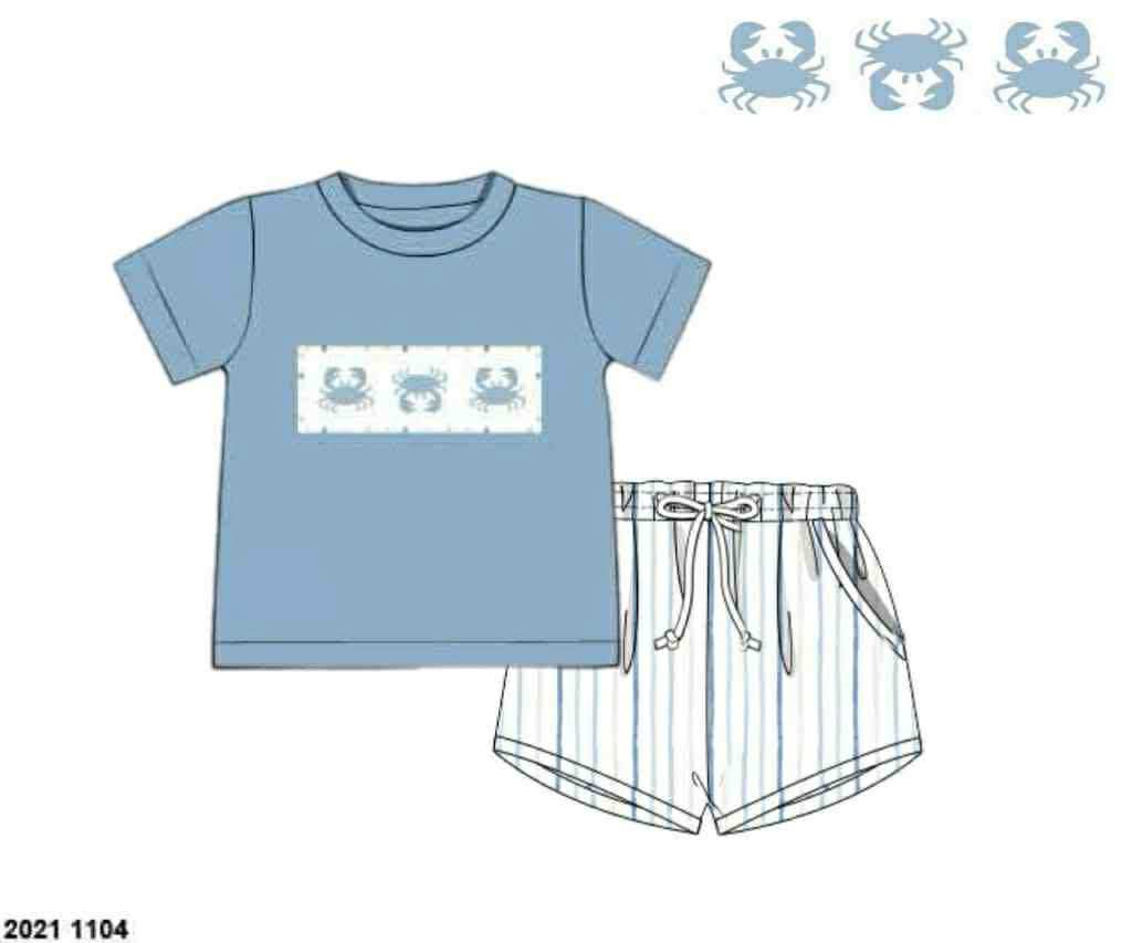 Pre Order 136: Blue Crab- Boys Smocked Shortie Set