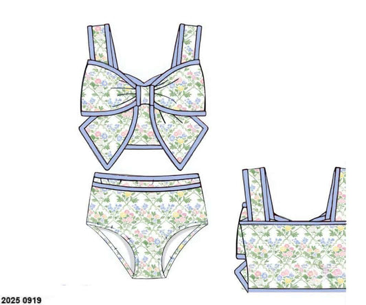 Pre Order 138: Mary Keene Floral & Stripe- Mom/Mini 2pc Bow Rash Guard Swim