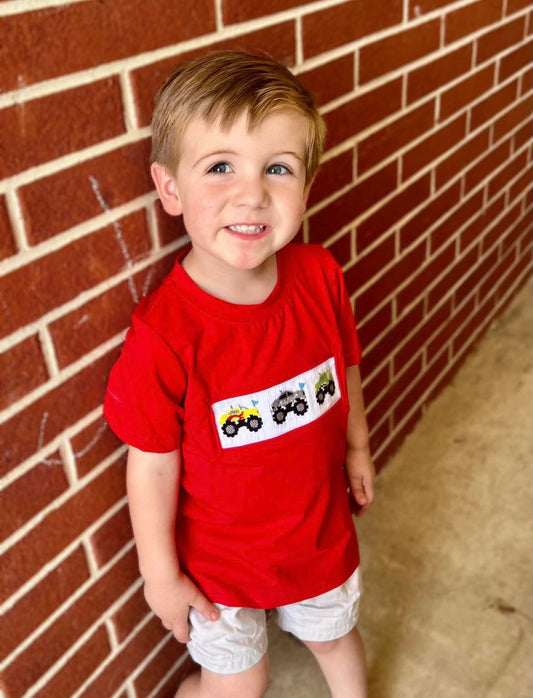 RTS: For the Boys- Smocked Monster Truck Shirt