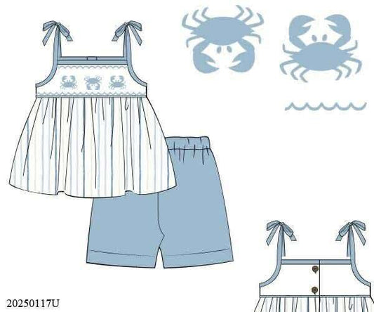 Pre Order 136: Blue Crab- Girls Smocked Biker Short Set