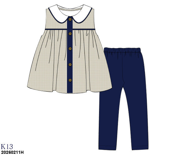 RTS: Navy & Tan Gingham- Girls Knit Legging Set