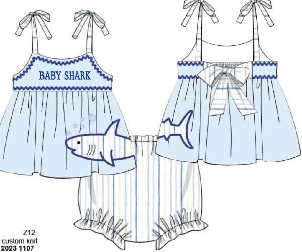 Pre Order 152: Baby Shark- Girls Knit Appliqué Bloomer Set