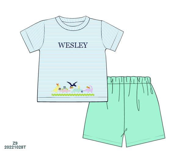 RTS: Easter Embroidered Dinos- Boys Knit Angled Short Set "Wesley"