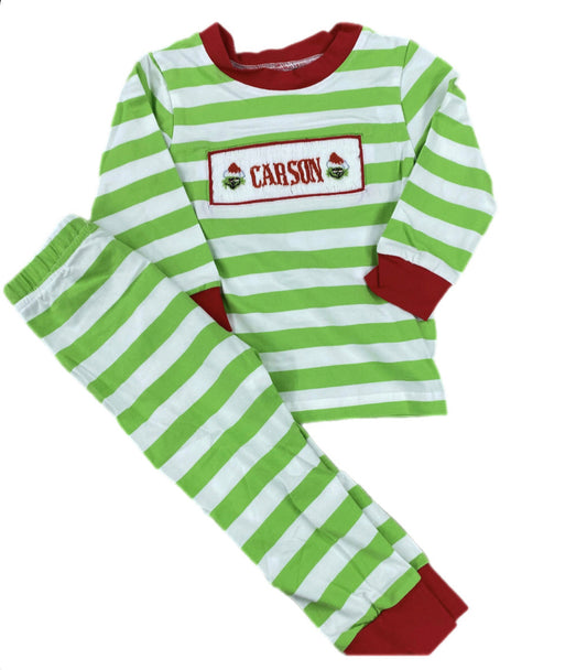 RTS: Grinch Pj Collection- Grinch Name Smock -Boys 2pc knit Pjs "Carson"