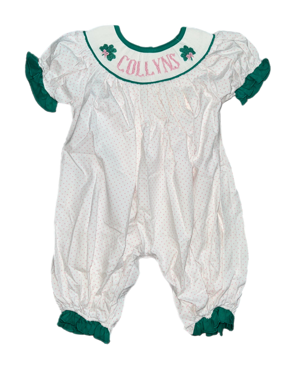 RTS: Name Smock Collection- Girls Shamrock Bitty Dot Knit Romper “Collyns”