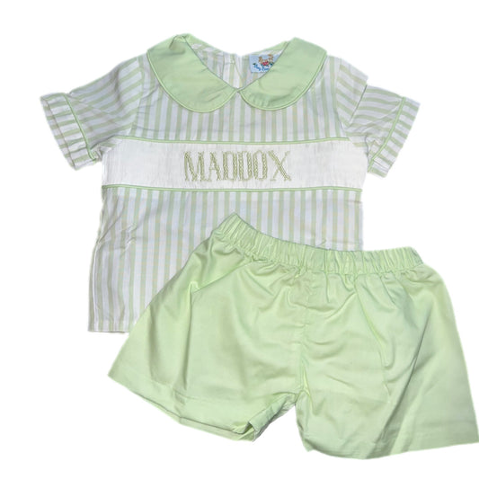RTS: Spring Stripe Collection-Name Smock- Boys Woven Short Set “Maddox”