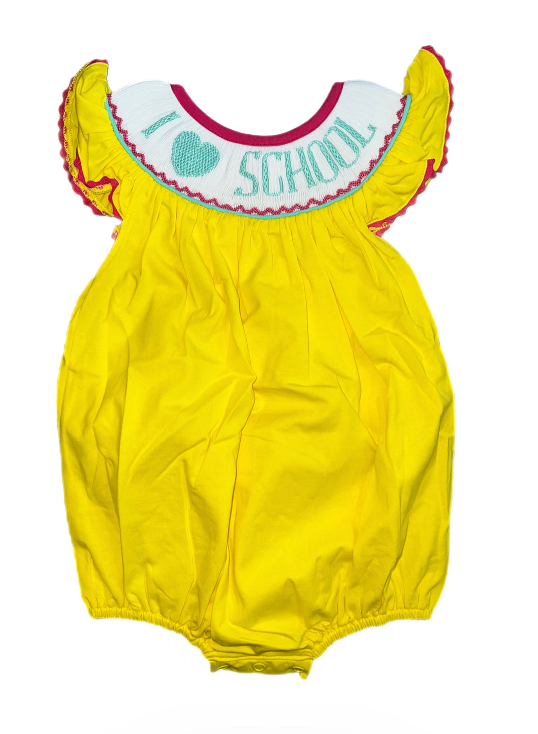 RTS: Name Smock Collection- Bright Yellow & Mint- Girls Knit Bubble “I 🩵 School”