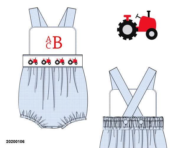 Throwback Pre Order: Boys Only- Embroidered Tractor Woven Sunsuit