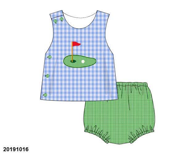 Throwback Pre Order: Boys Only- Golf Appliqué Woven Diaper Set