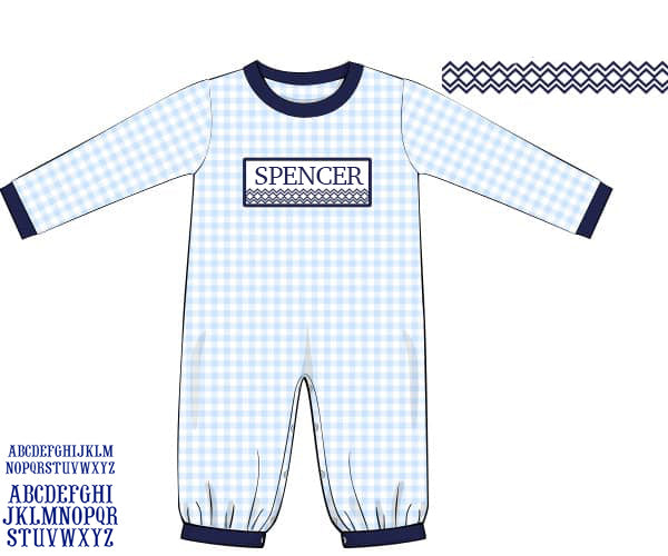 RTS: Winter Name Smock Collection- Navy & Blue Gingham- Boys Knit Romper