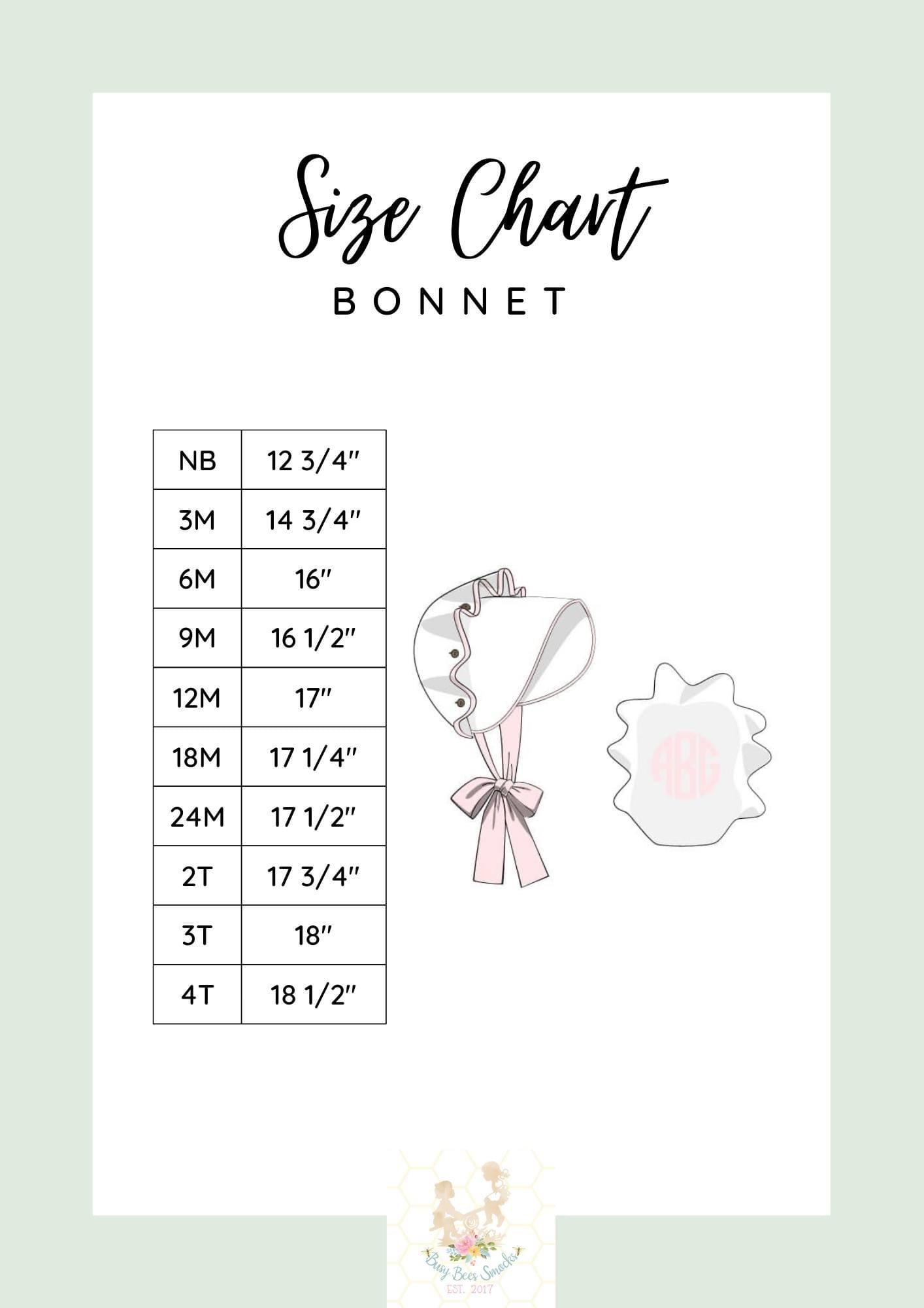 Bonnet Size Chart Busy Bee Smocks
